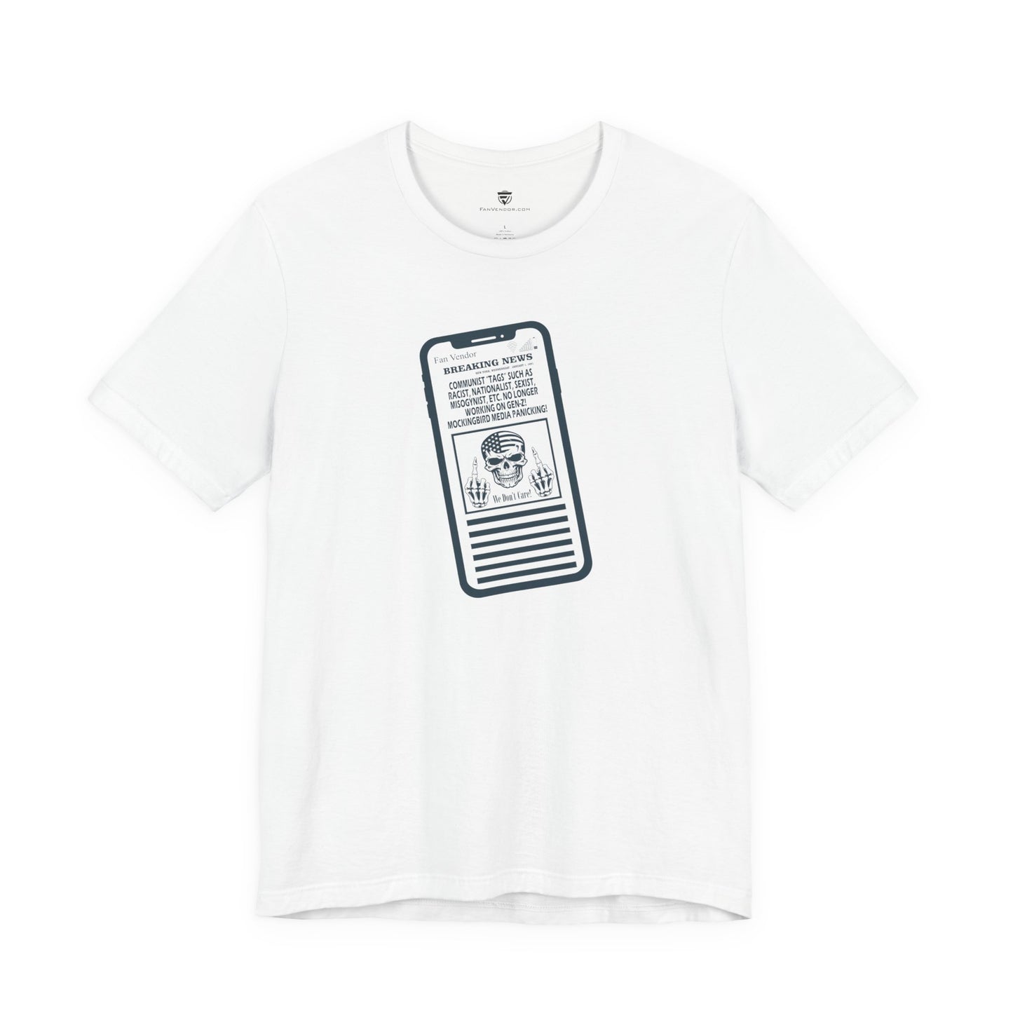 White t-shirt with a graphic of a smartphone displaying text on a white background