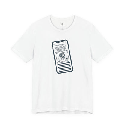 White t-shirt with a graphic of a smartphone displaying text on a white background