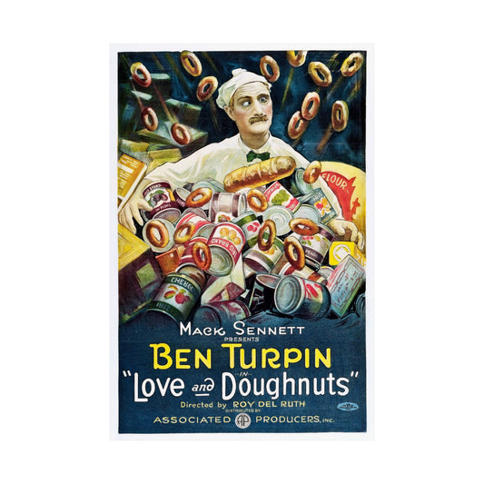 Vintage movie poster for 'Ben Turpin: Love and Doughnuts' featuring a chef and doughnuts.