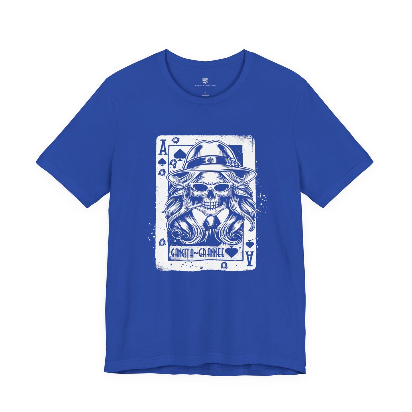 Blue t-shirt with a white graphic design on a white background