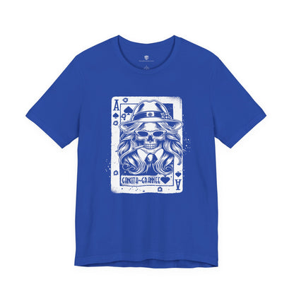 Blue t-shirt with a white graphic design on a white background