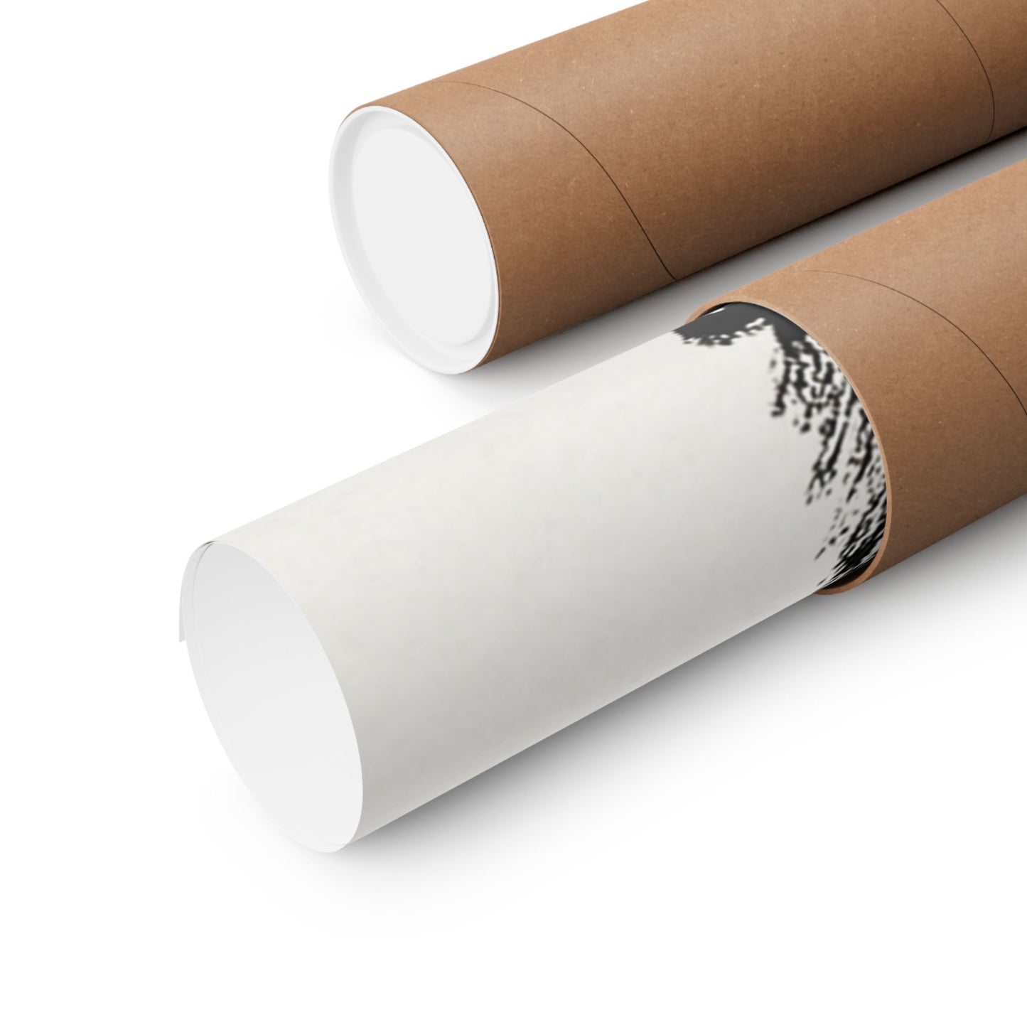 Two cardboard tubes, one white and one brown with a black and white pattern, on a white background.