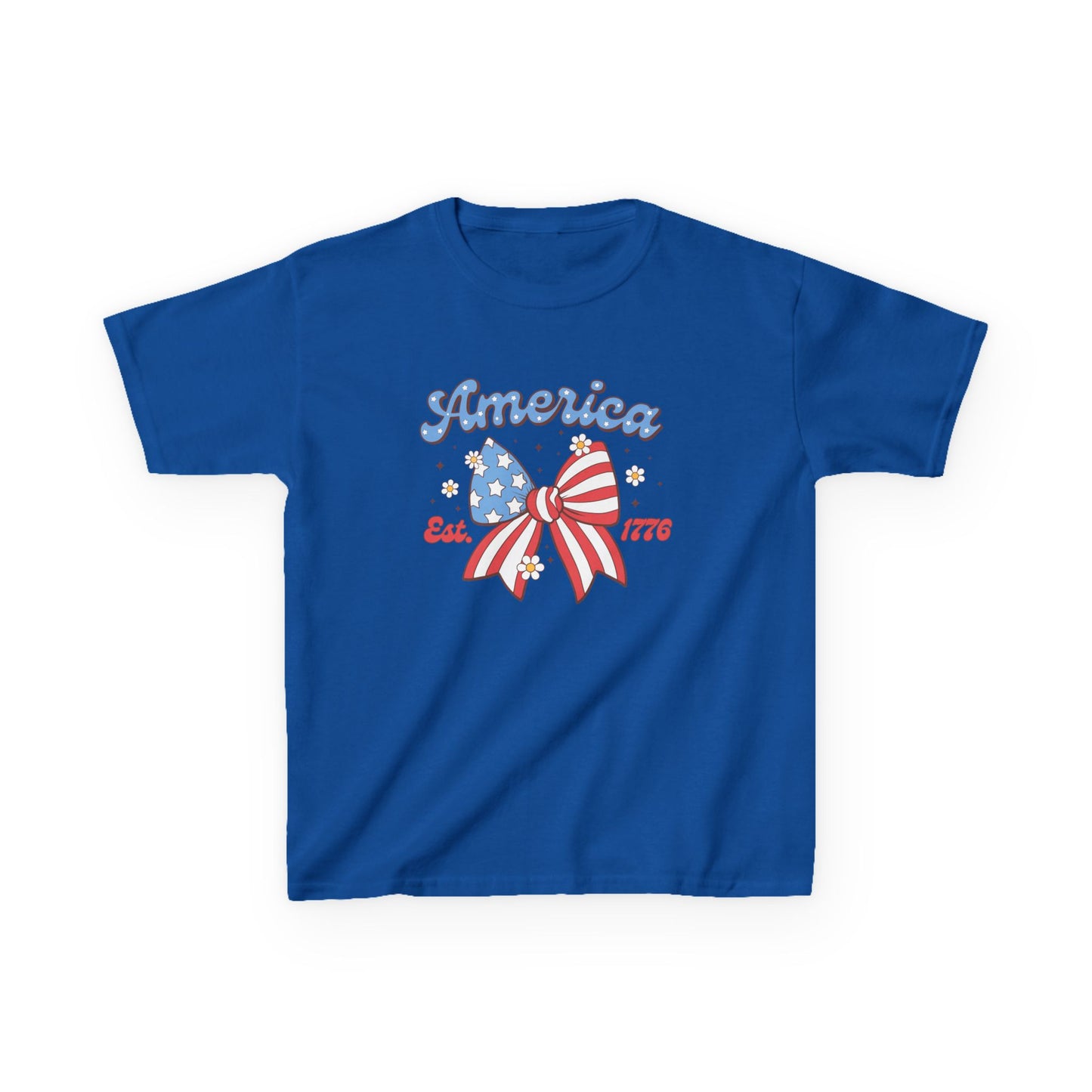 Blue t-shirt with 'America' and a bow design on a white background