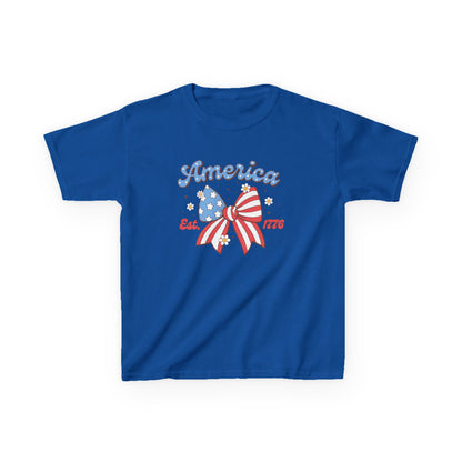 Blue t-shirt with 'America' and a bow design on a white background