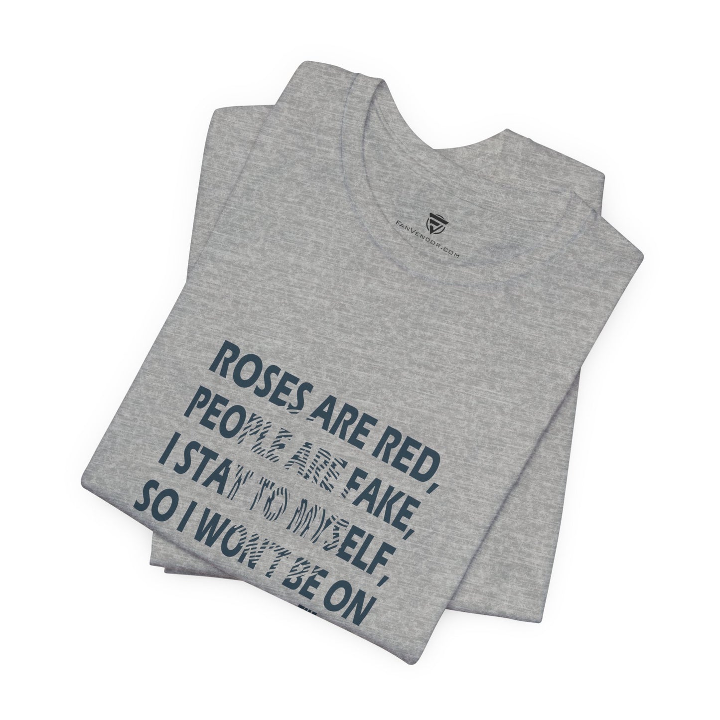 Folded gray t-shirt with printed text on a white background