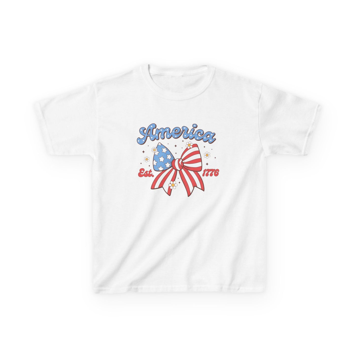 White t-shirt with 'America Est. 1776' design featuring an American flag on a white background