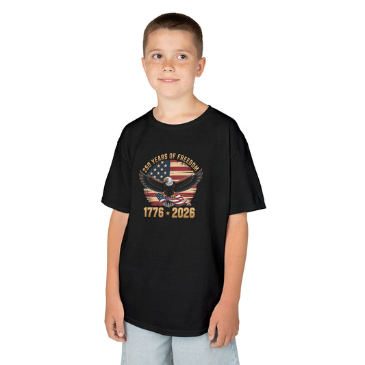 Child wearing a black t-shirt with a graphic design on a white background
