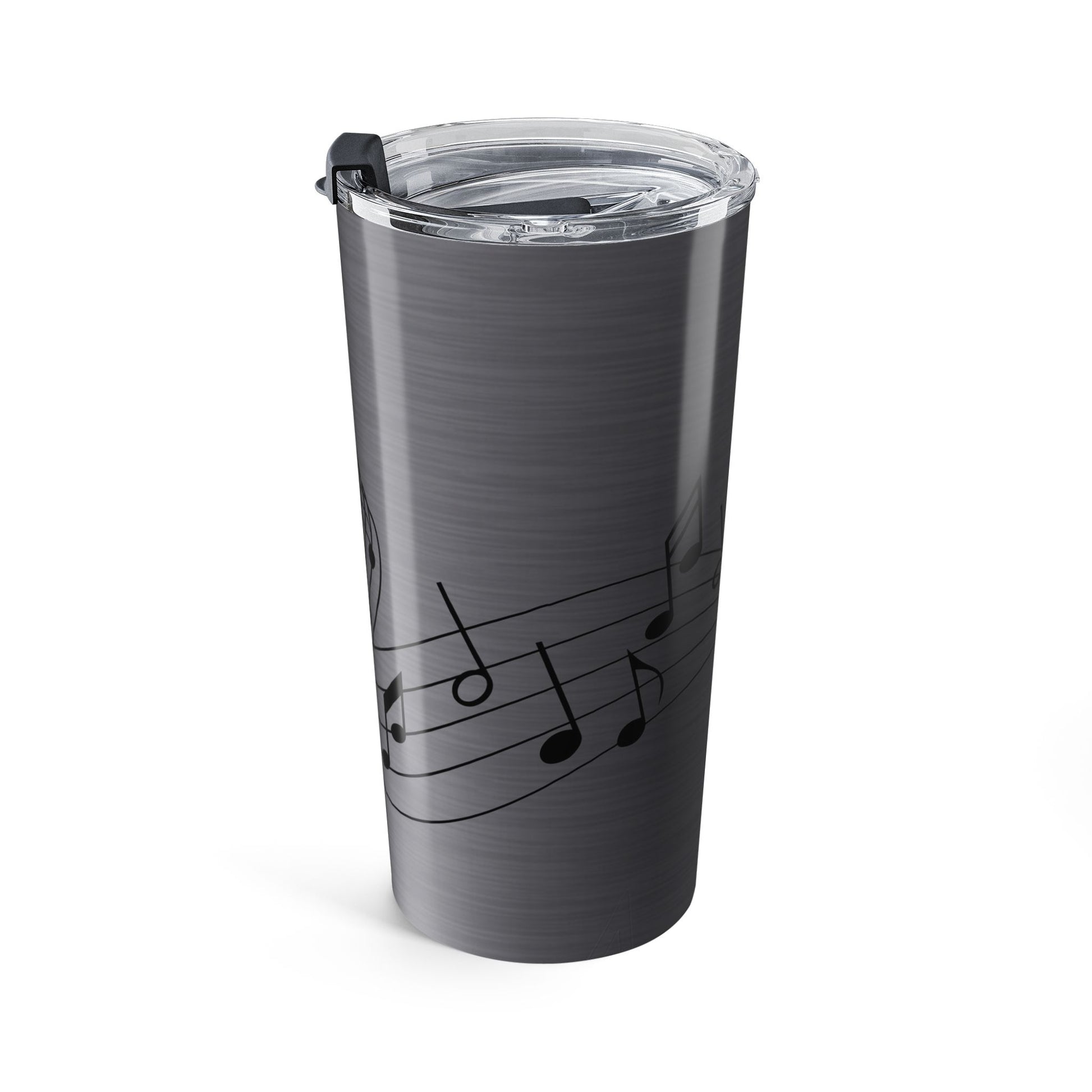 Gray tumbler with black music note design on a white background