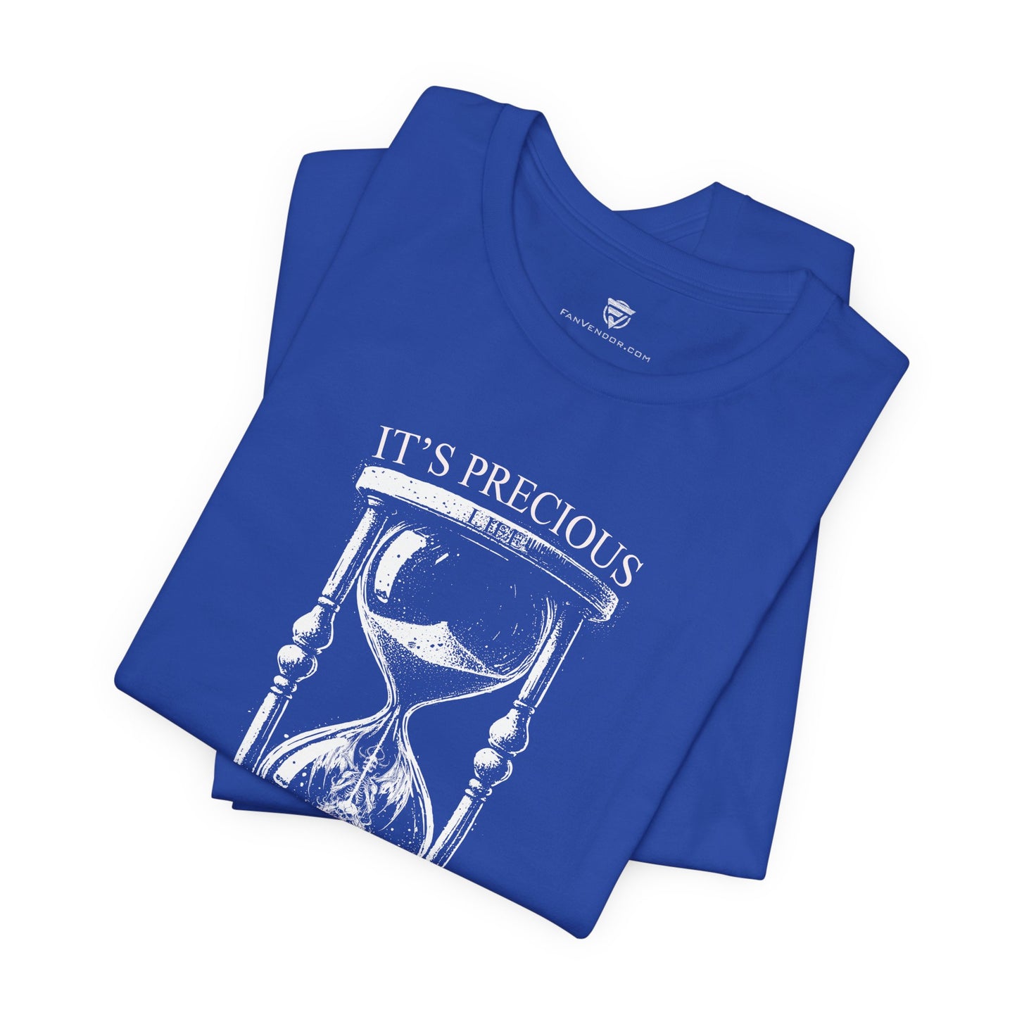 Folded blue t-shirt with hourglass graphic and 'It's Precious' text on a white background
