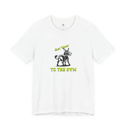 White t-shirt with gym-themed graphic and text on a white background