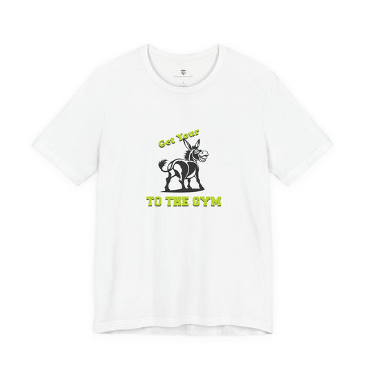 White t-shirt with gym-themed graphic and text on a white background