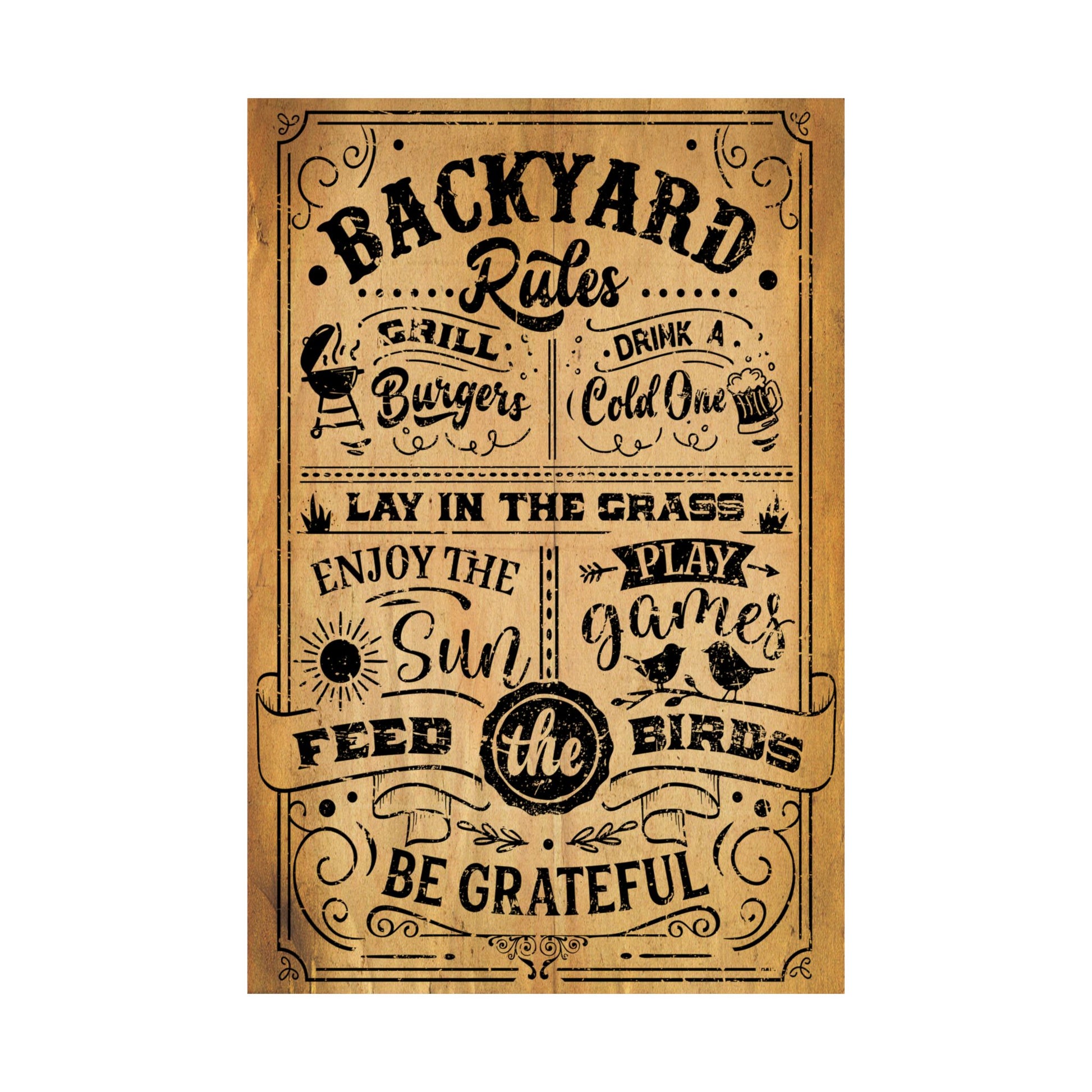 Wooden sign with engraved text about backyard rules on a white background
