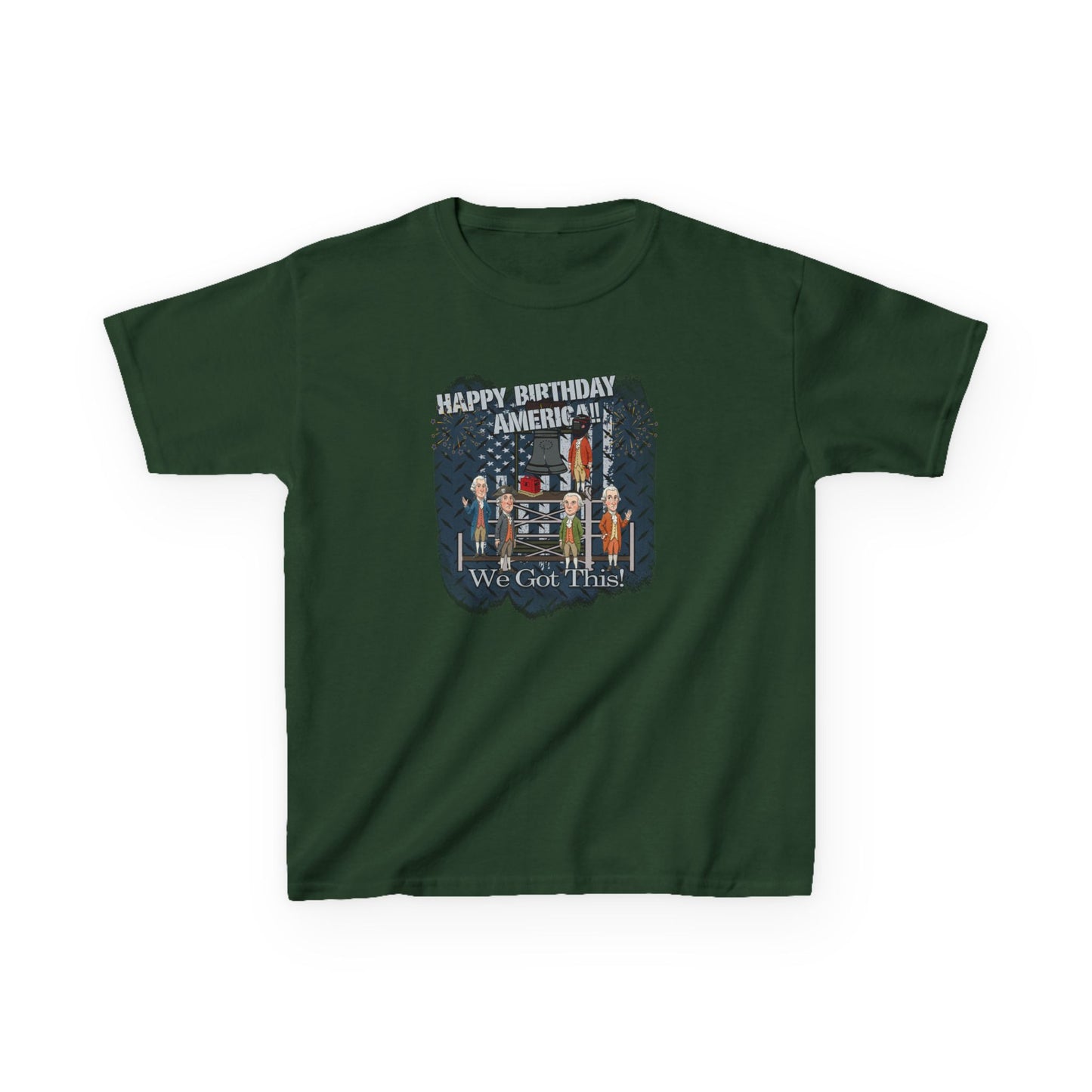 Green t-shirt with a graphic design and text on a white background