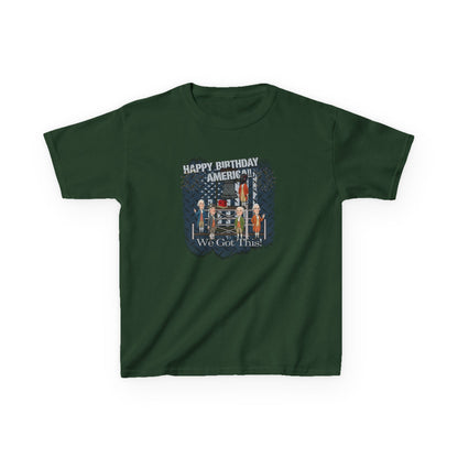 Green t-shirt with a graphic design and text on a white background