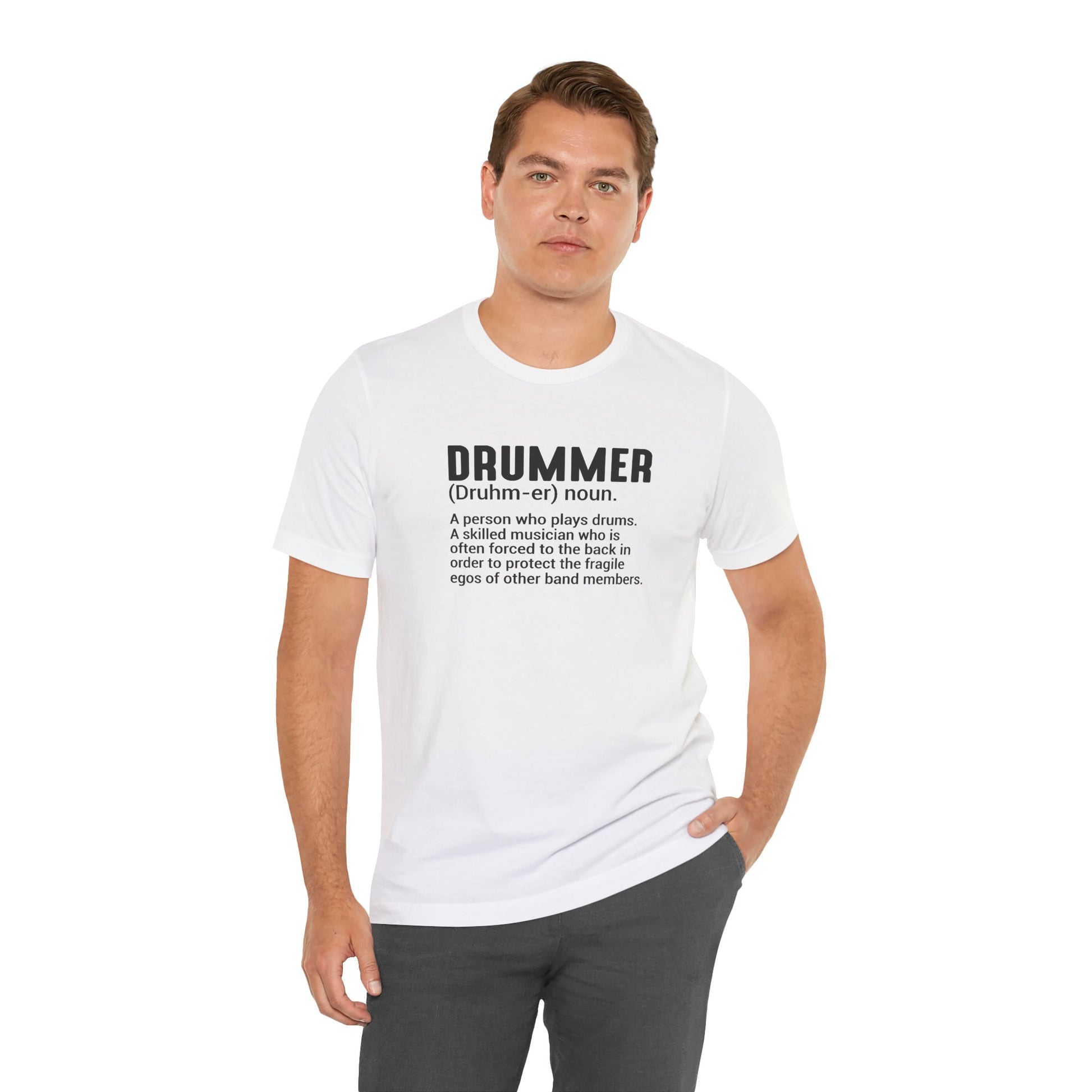 Man wearing a white t-shirt with text on a white background