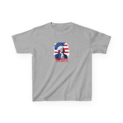 Gray t-shirt with a graphic of a historical figure and text on a white background