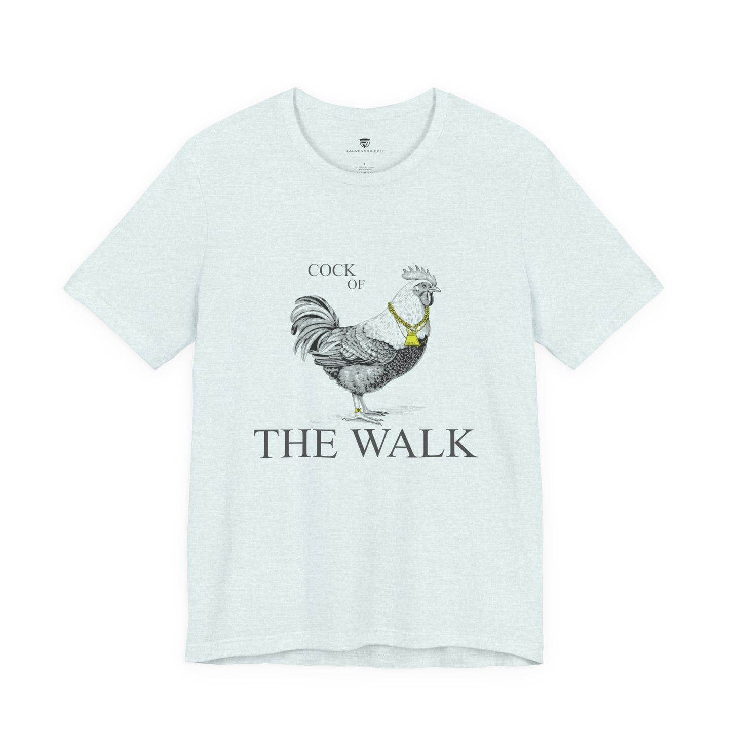 Light blue t-shirt with rooster graphic and 'Cock of the Walk' text on a white background