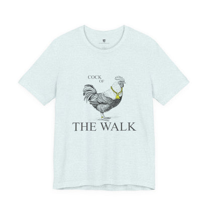 Light blue t-shirt with rooster graphic and 'Cock of the Walk' text on a white background