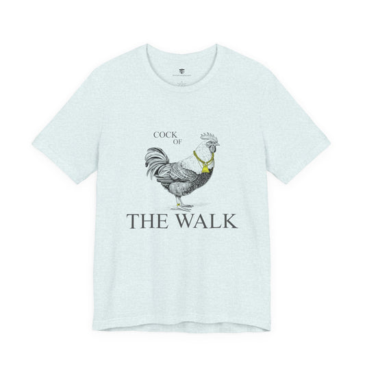 Light blue t-shirt with rooster graphic and 'Cock of the Walk' text on a white background