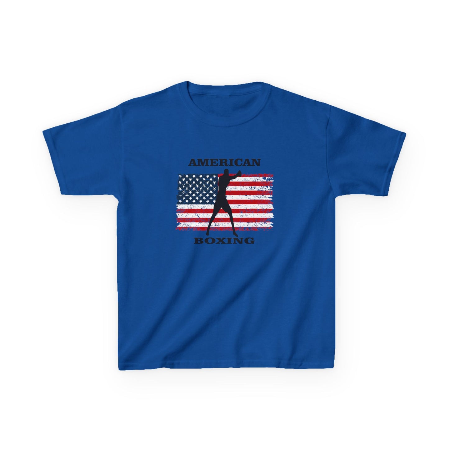 Blue t-shirt with American flag and boxing design on a white background