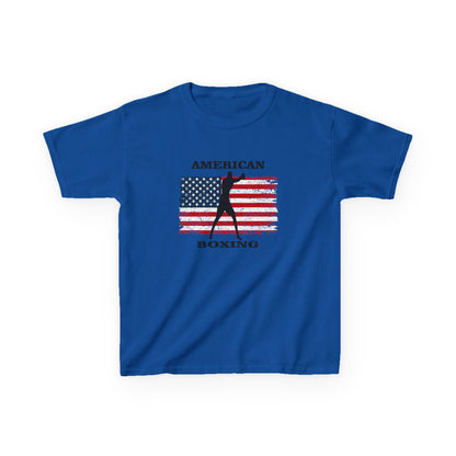 Blue t-shirt with American flag and boxing design on a white background
