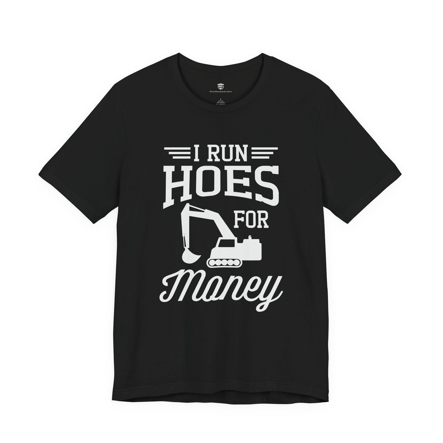 Black t-shirt with design and text on a white background