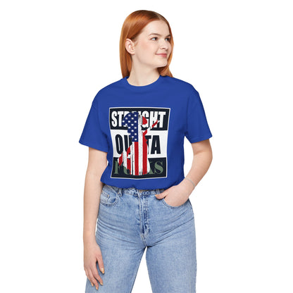 Person wearing a blue t-shirt with a graphic design on a white background