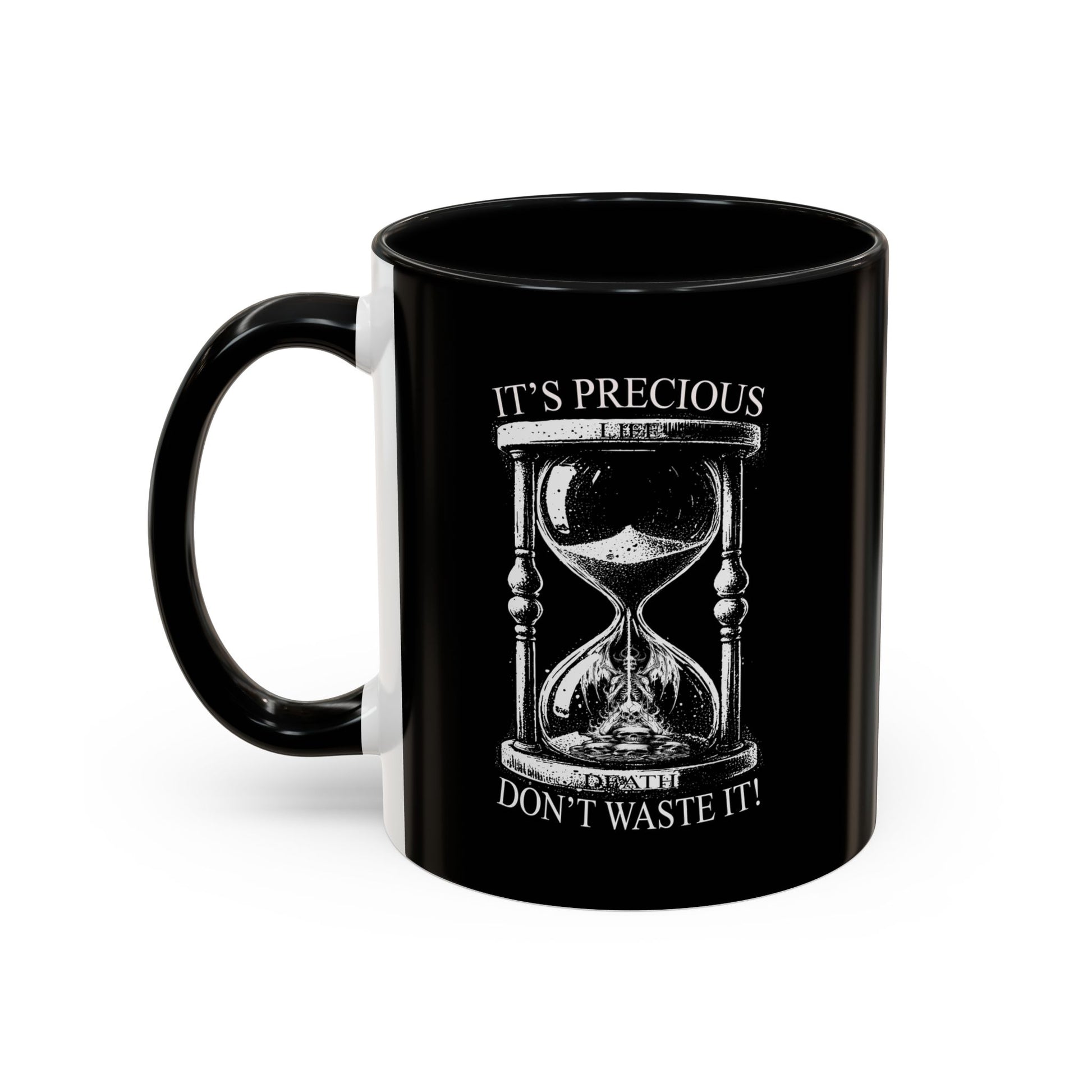 Black mug with hourglass design and text on a white background