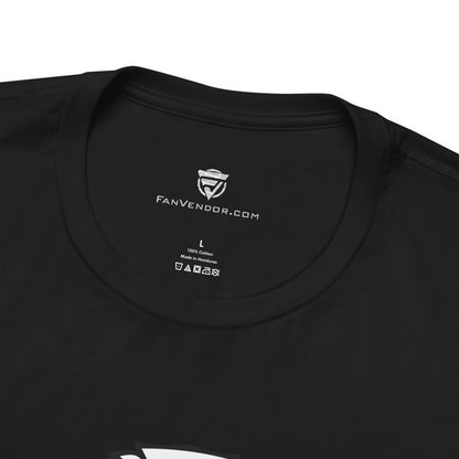Black t-shirt with 'FanVendor.com' logo and text on a white background
