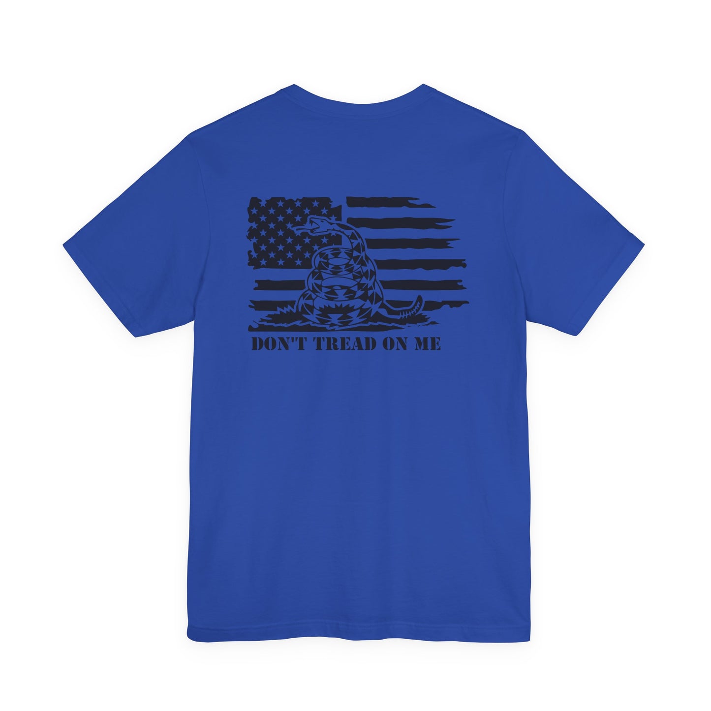 Blue t-shirt with a black graphic and text on the back, on a white background