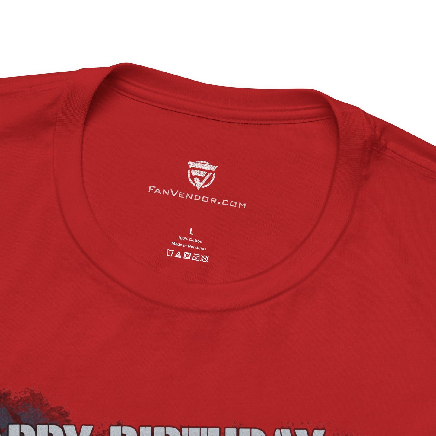 Red t-shirt with 'FanVendor.com' logo and text on a white background