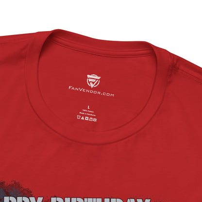 Red t-shirt with 'FanVendor.com' logo and text on a white background