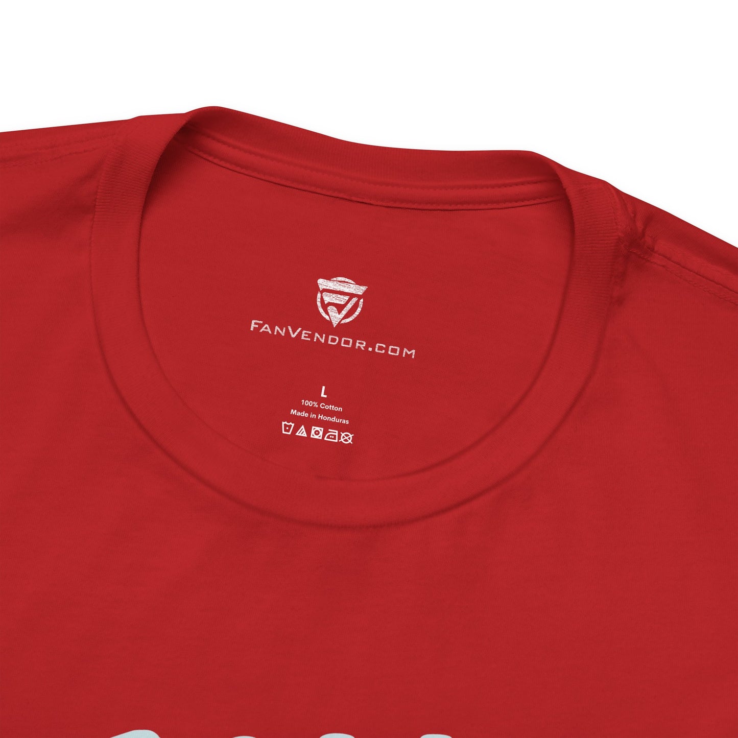 Red t-shirt with 'FanVendor.com' logo and text on a white background