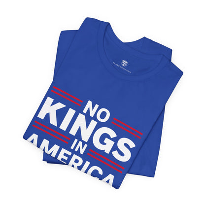 Blue t-shirt with 'No Kings in America' text on a white background