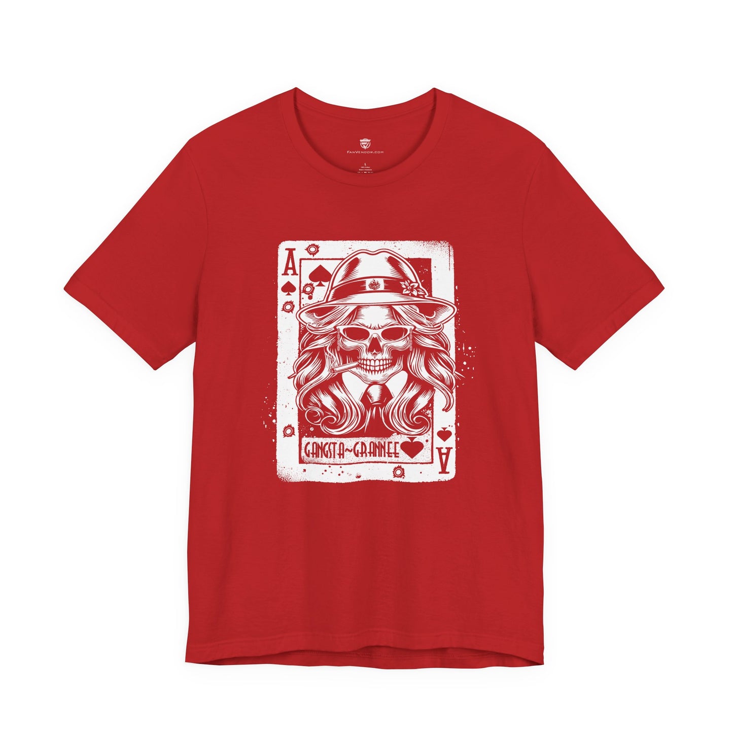 Red t-shirt with a graphic design of a skull wearing a hat on a white background