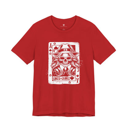 Red t-shirt with a graphic design of a skull wearing a hat on a white background