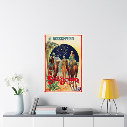Vintage-style movie poster on a wall above a shelf with decor items.