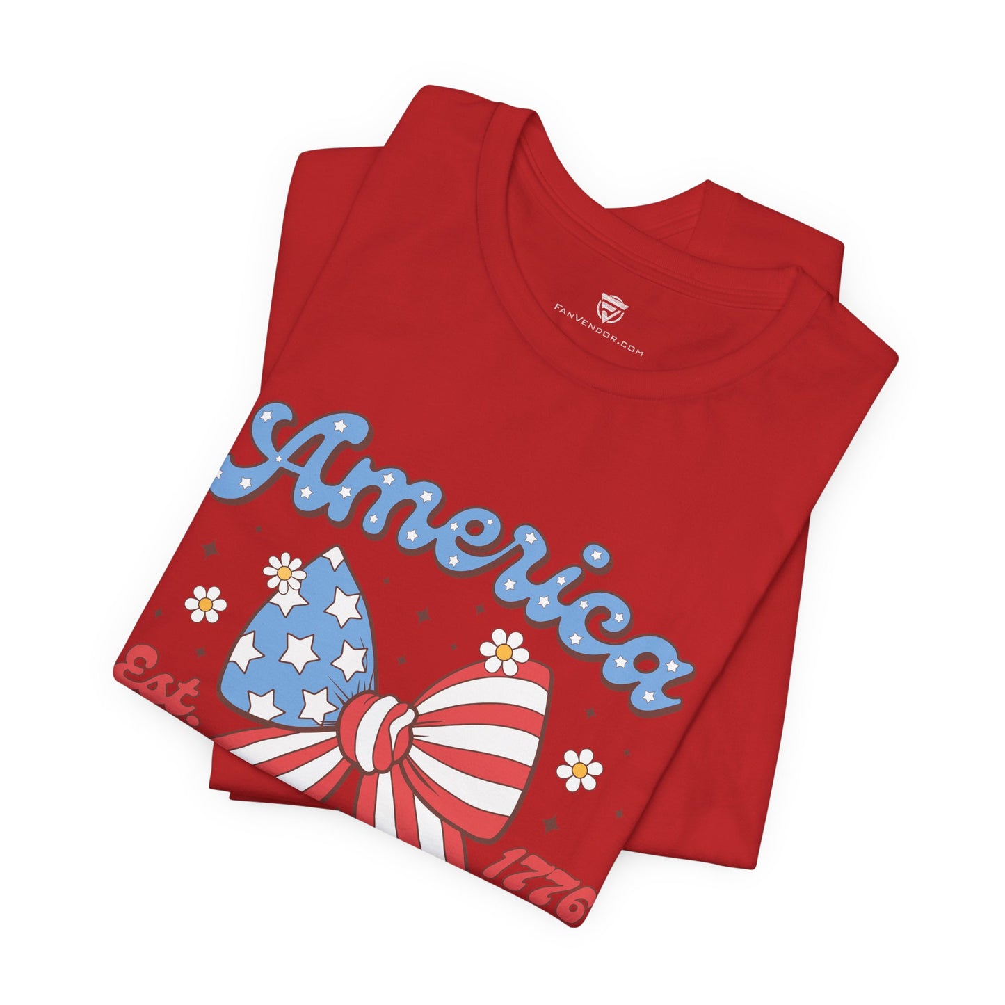 Red t-shirt with 'America' design on a white background