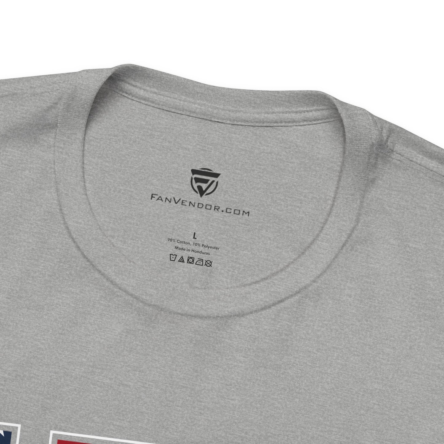 Gray t-shirt with 'FanVendor.com' logo and text on the collar and label.