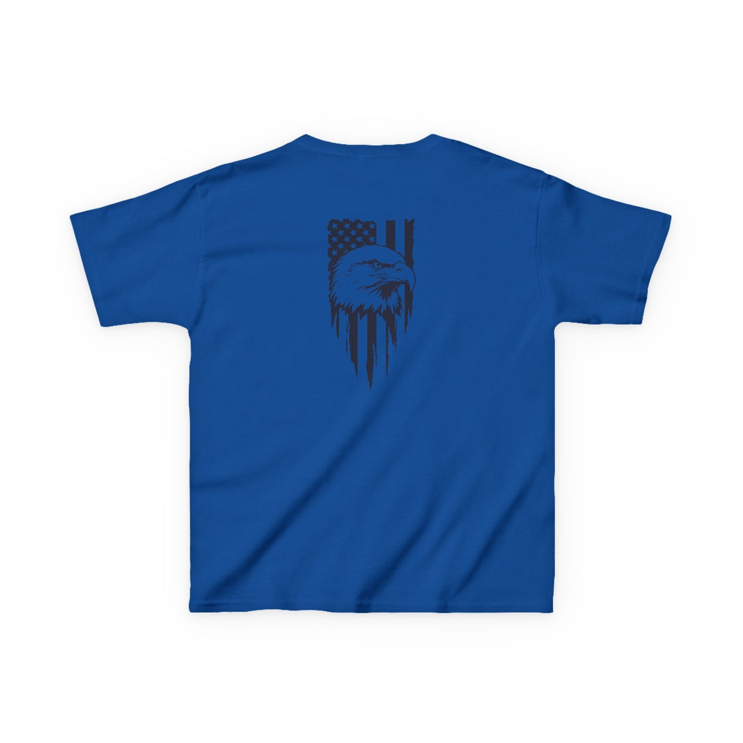 Blue t-shirt with black eagle design on a white background