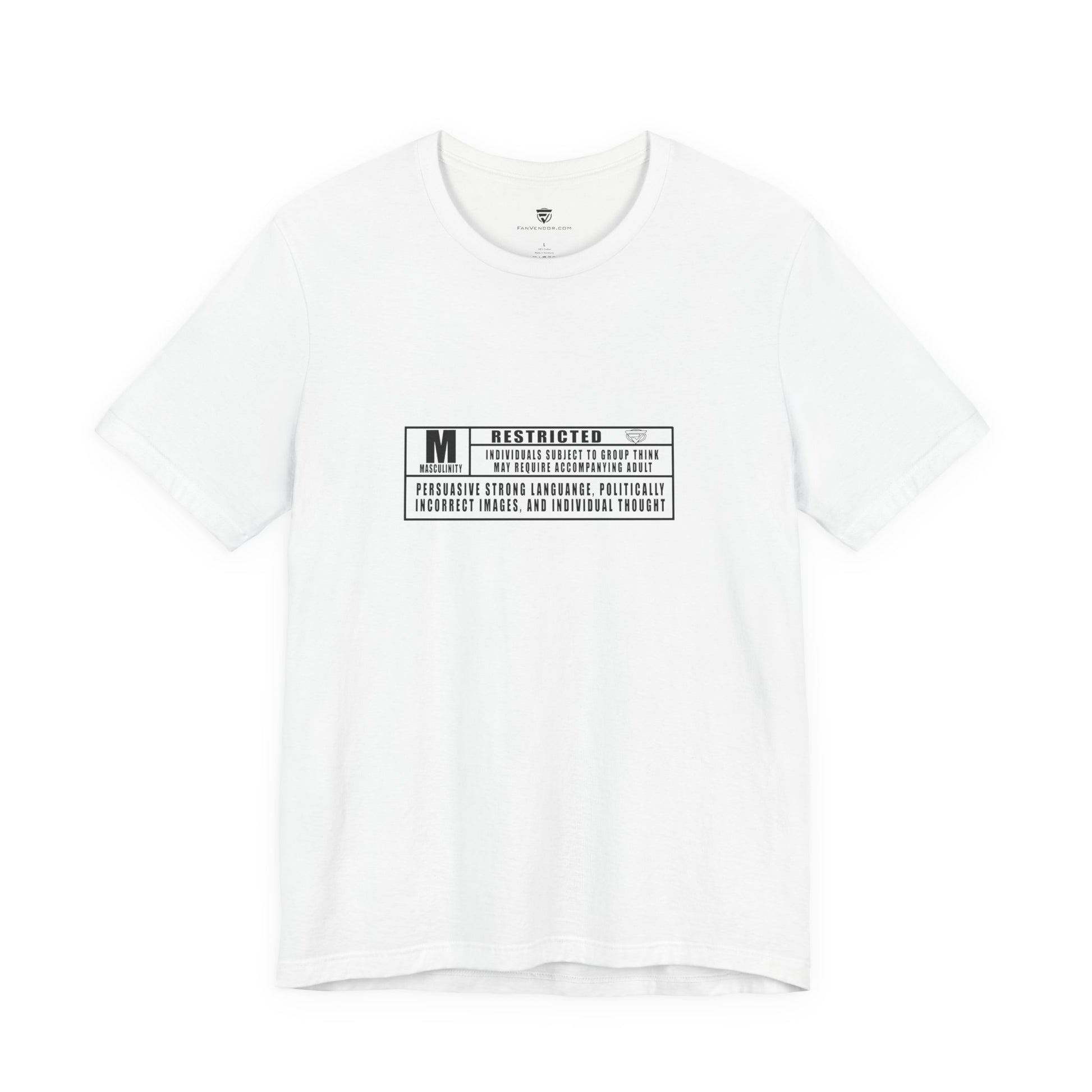 White t-shirt with black text on a white background