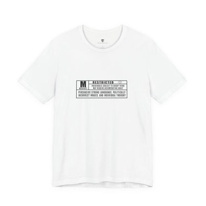 White t-shirt with black text on a white background