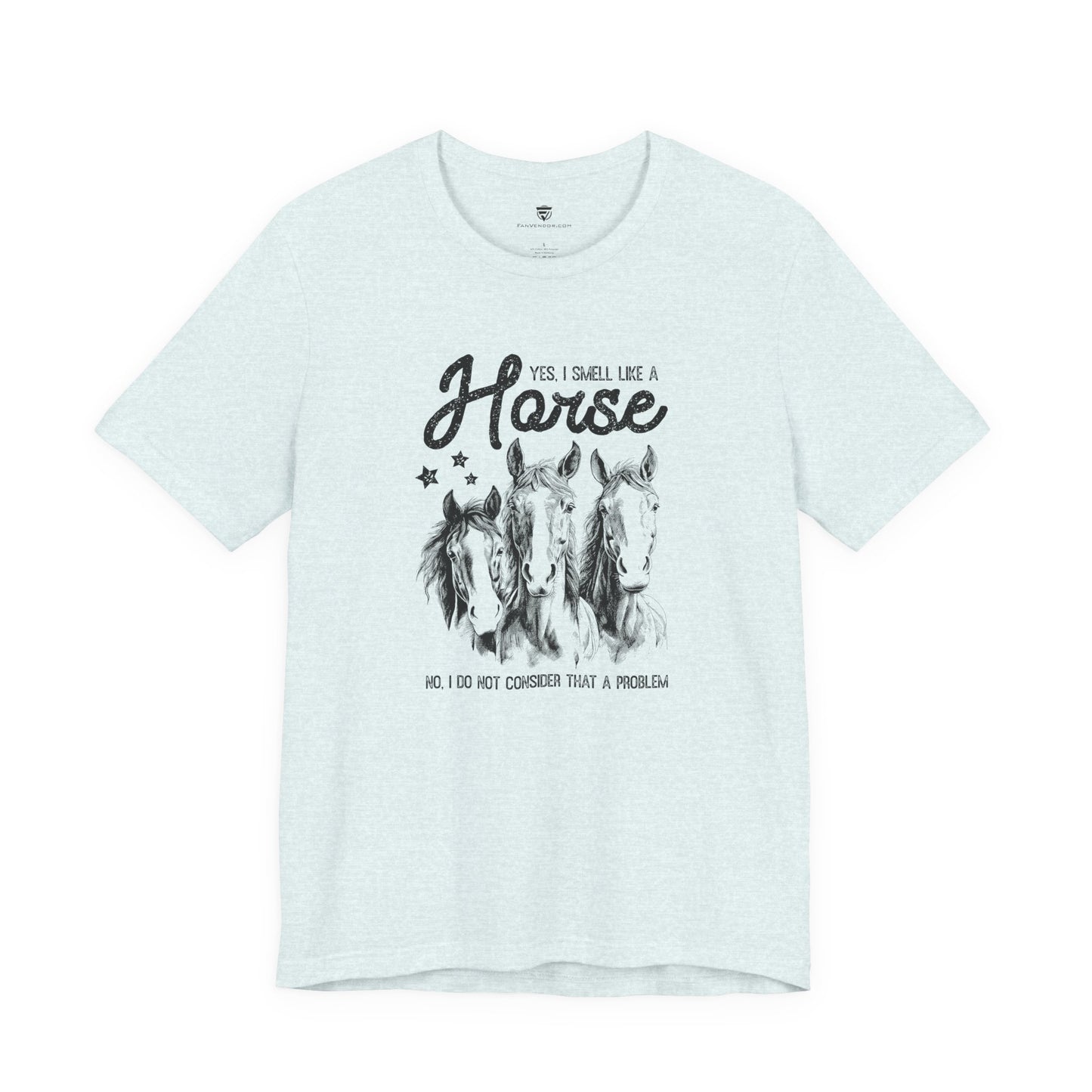 Light blue t-shirt with horse graphic and text 