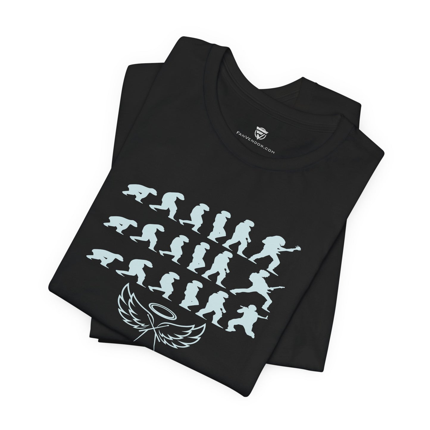 Black t-shirt with white graphic design on a white background