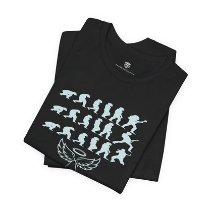 Black t-shirt with white graphic design on a white background