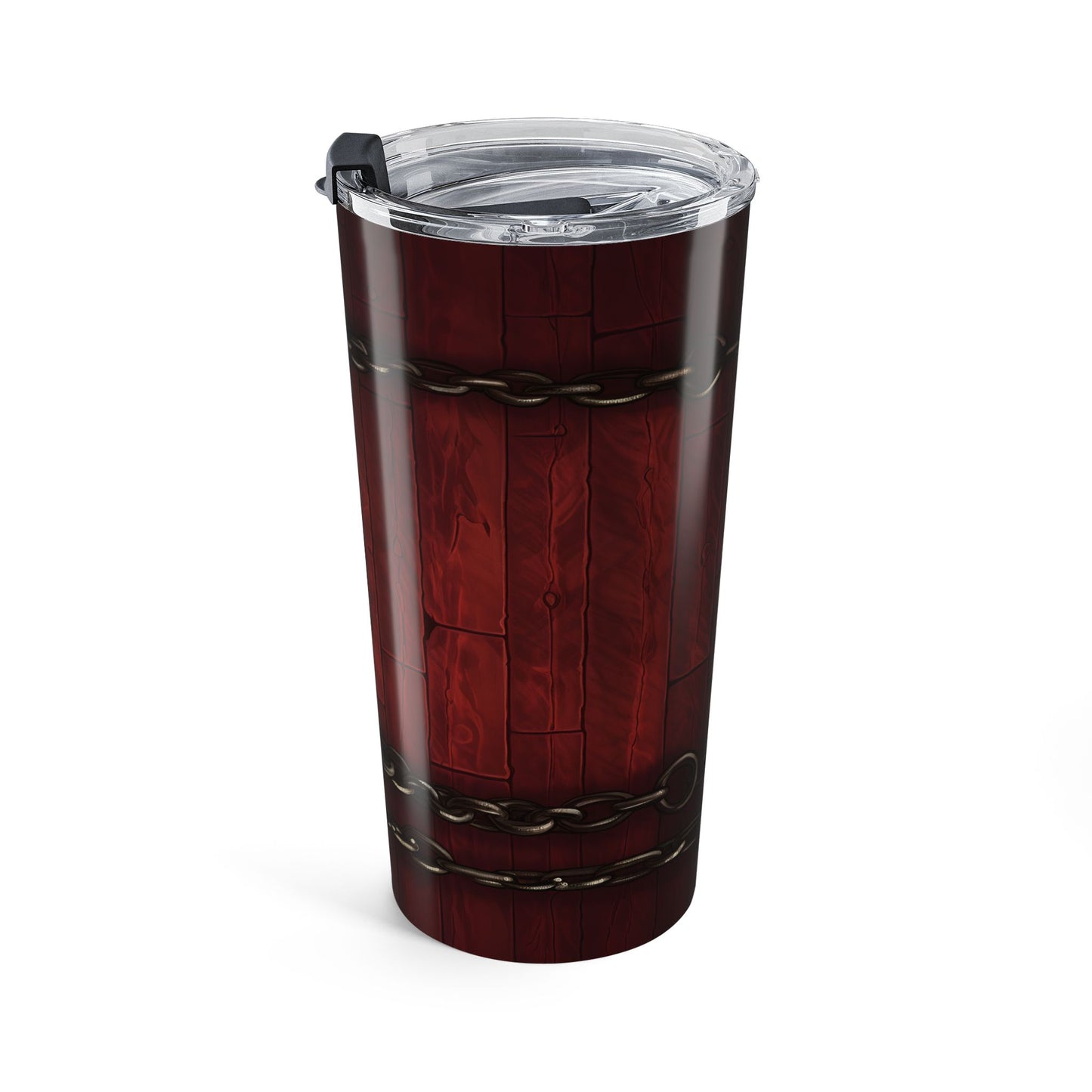 Tumbler with red wood-patterned design on a white background