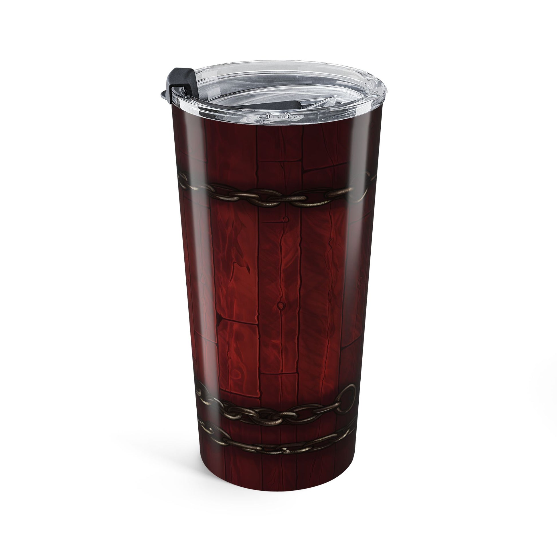 Tumbler with red wood-patterned design on a white background