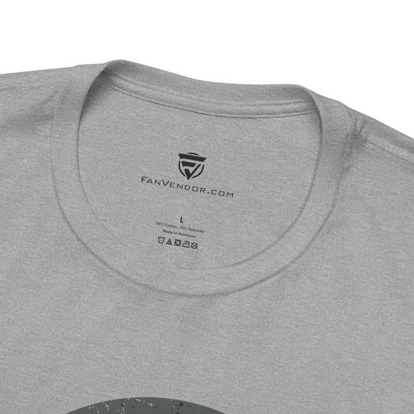 Gray t-shirt with 'FanVendoor.com' logo and text on the collar area.