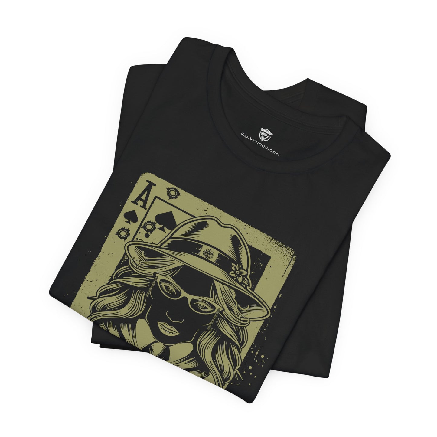 Black t-shirt with a graphic design of a woman in a hat and playing card ace symbol on a white background.