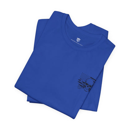 Folded blue t-shirt with a black logo on a white background